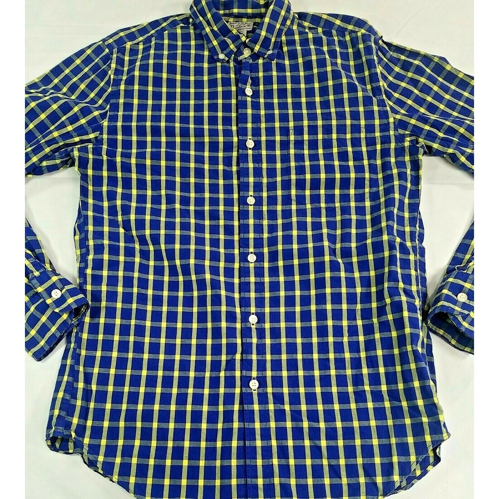 J Crew 100% Cotton Mens Plaid Long Sleeve‎ Button Size Small Blue Yellow